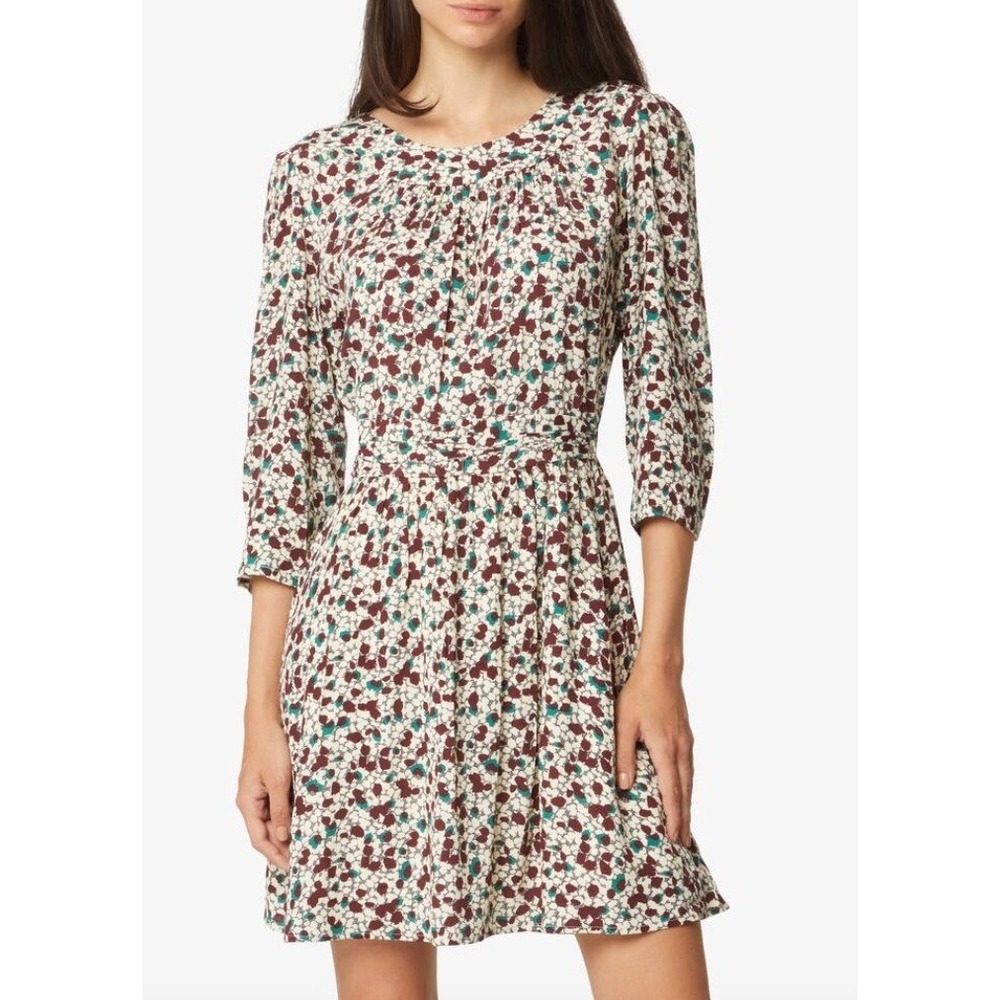 ba&sh Floral Print Knee Length Dress Long Sleeve Size 2 US M Brown Open Back